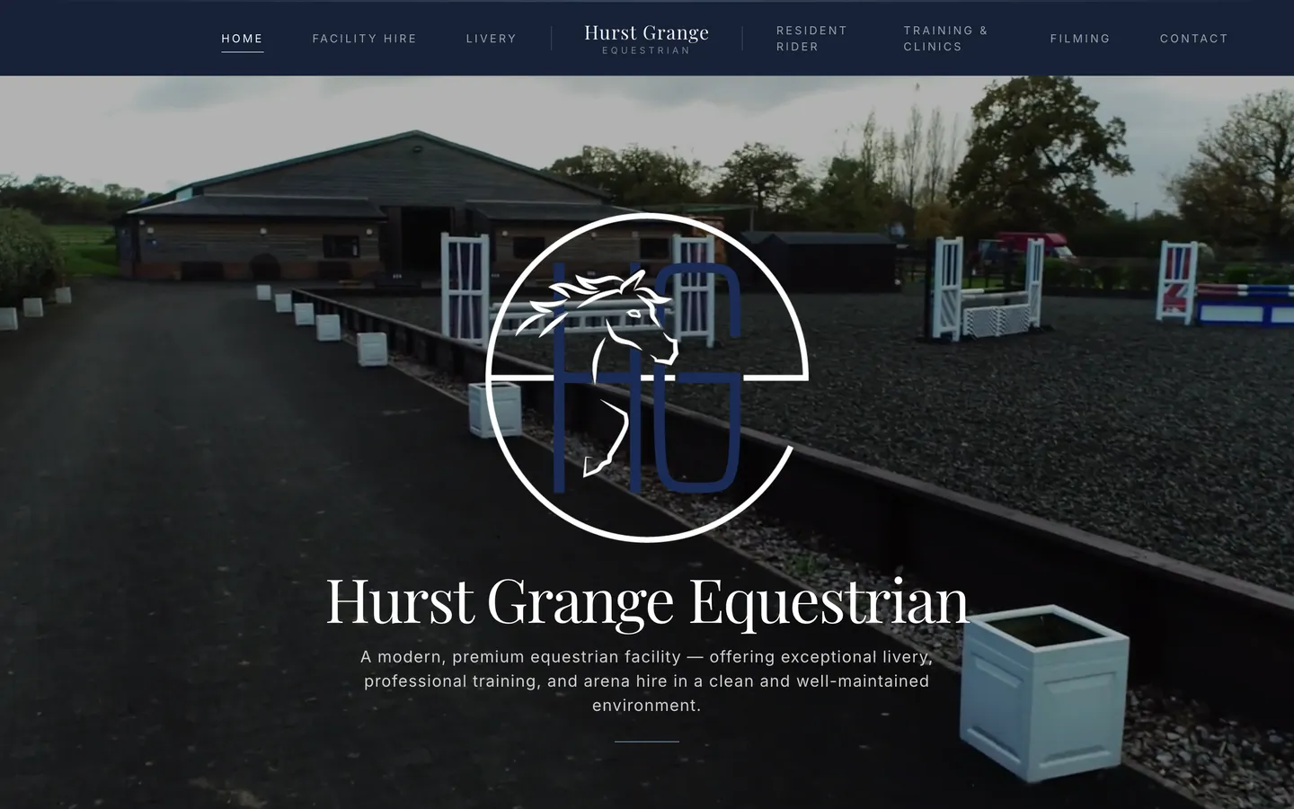 The Hurst Grange Equestrian home page, with the yard and arena behind the logo.