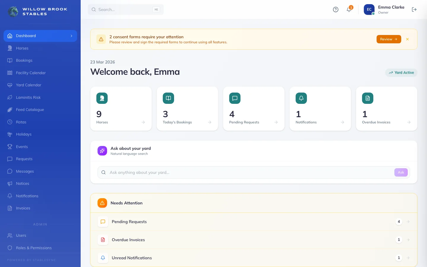 StableSync dashboard for a demo yard, showing horses, today's bookings, pending requests and overdue invoices.